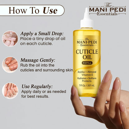 The Mani Pedi Essentials bulk cuticle oil refill for nail salon care