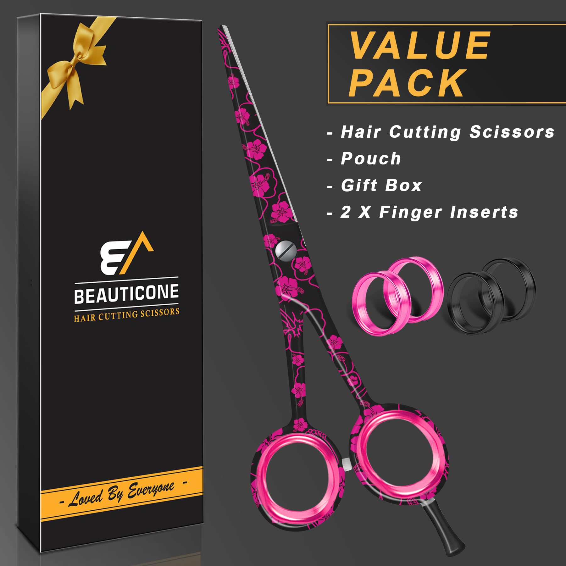 Ergonomic offset handle and adjustable pink finger inserts on the Beauticone lightweight hair cutting tool.