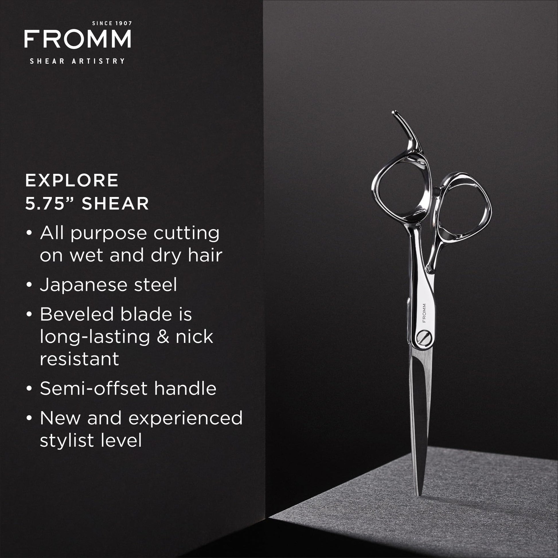 Close up view of the ice tempered Japanese steel beveled blade on Fromm hair scissors