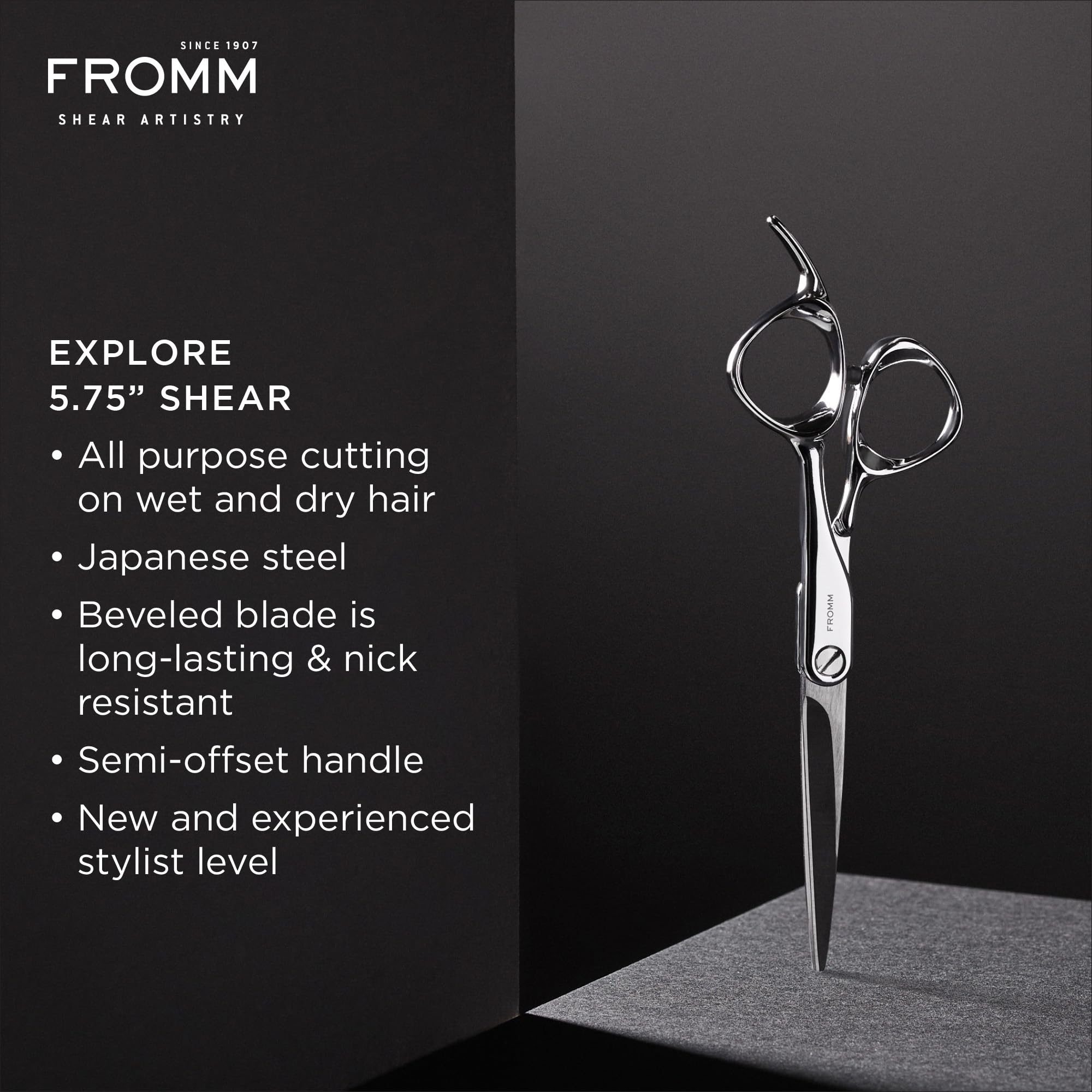 Close up view of the ice tempered Japanese steel beveled blade on Fromm hair scissors
