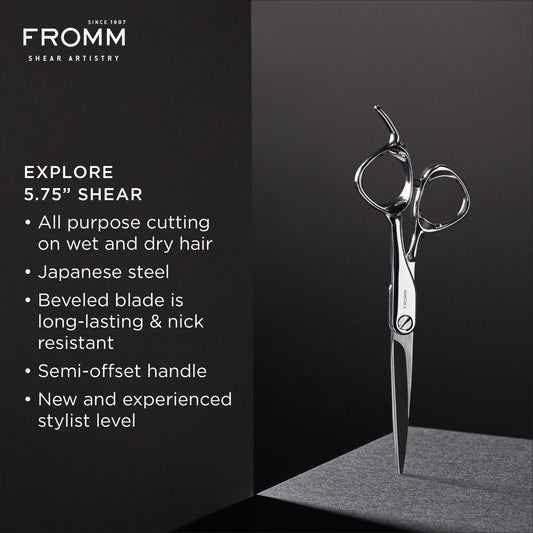 Close up view of the ice tempered Japanese steel beveled blade on Fromm hair scissors