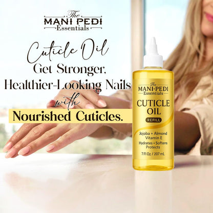 The Mani Pedi Essentials cuticle oil bottle with manicure tools