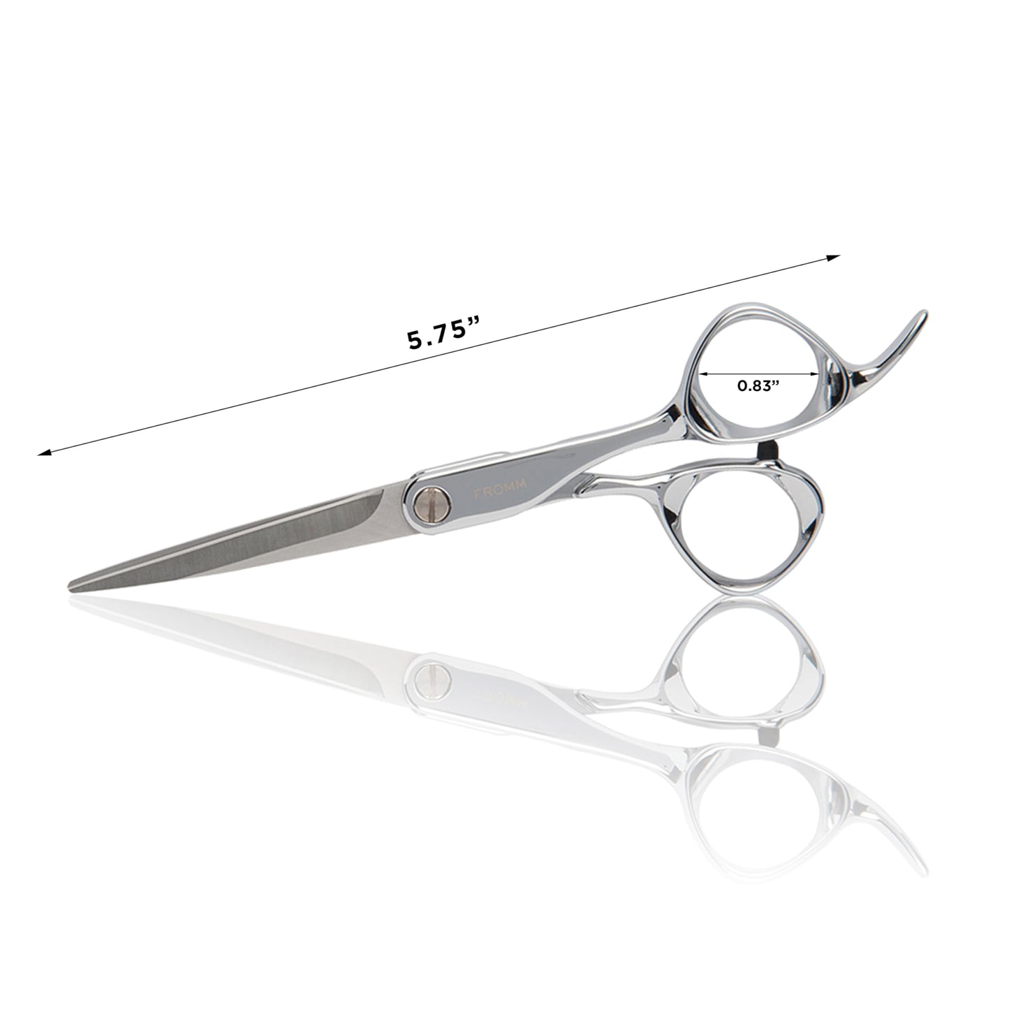 Detailed shot of the pivot screw and mirror finish silver coating on Fromm professional shears