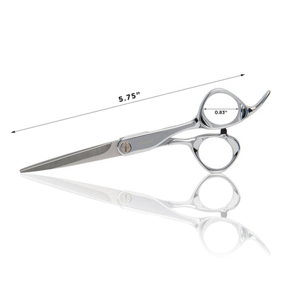 Detailed shot of the pivot screw and mirror finish silver coating on Fromm professional shears