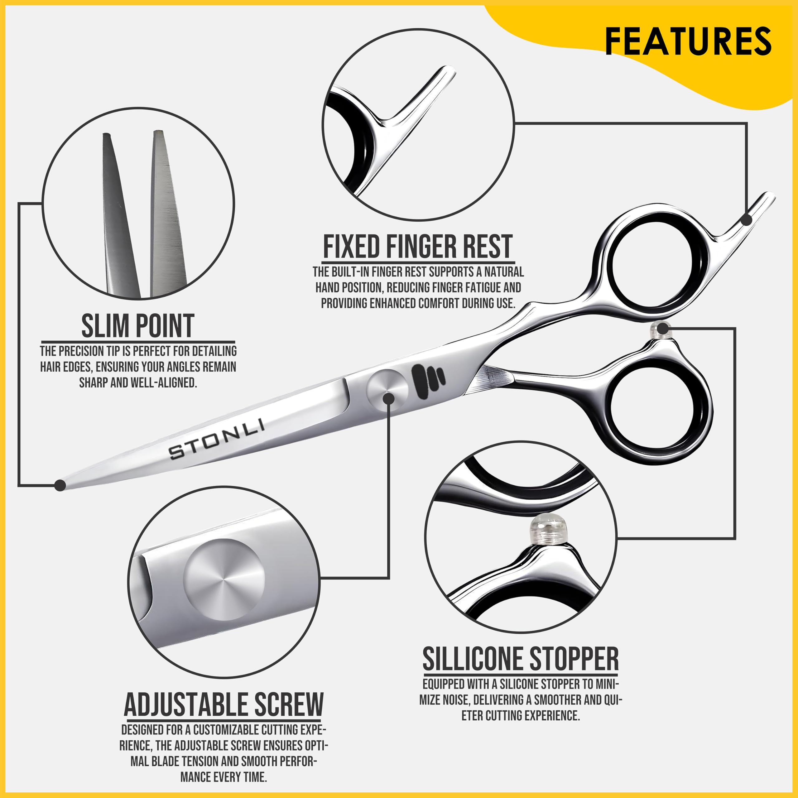 STONLI lightweight silent hair scissors showing sharp carbon steel blade edge