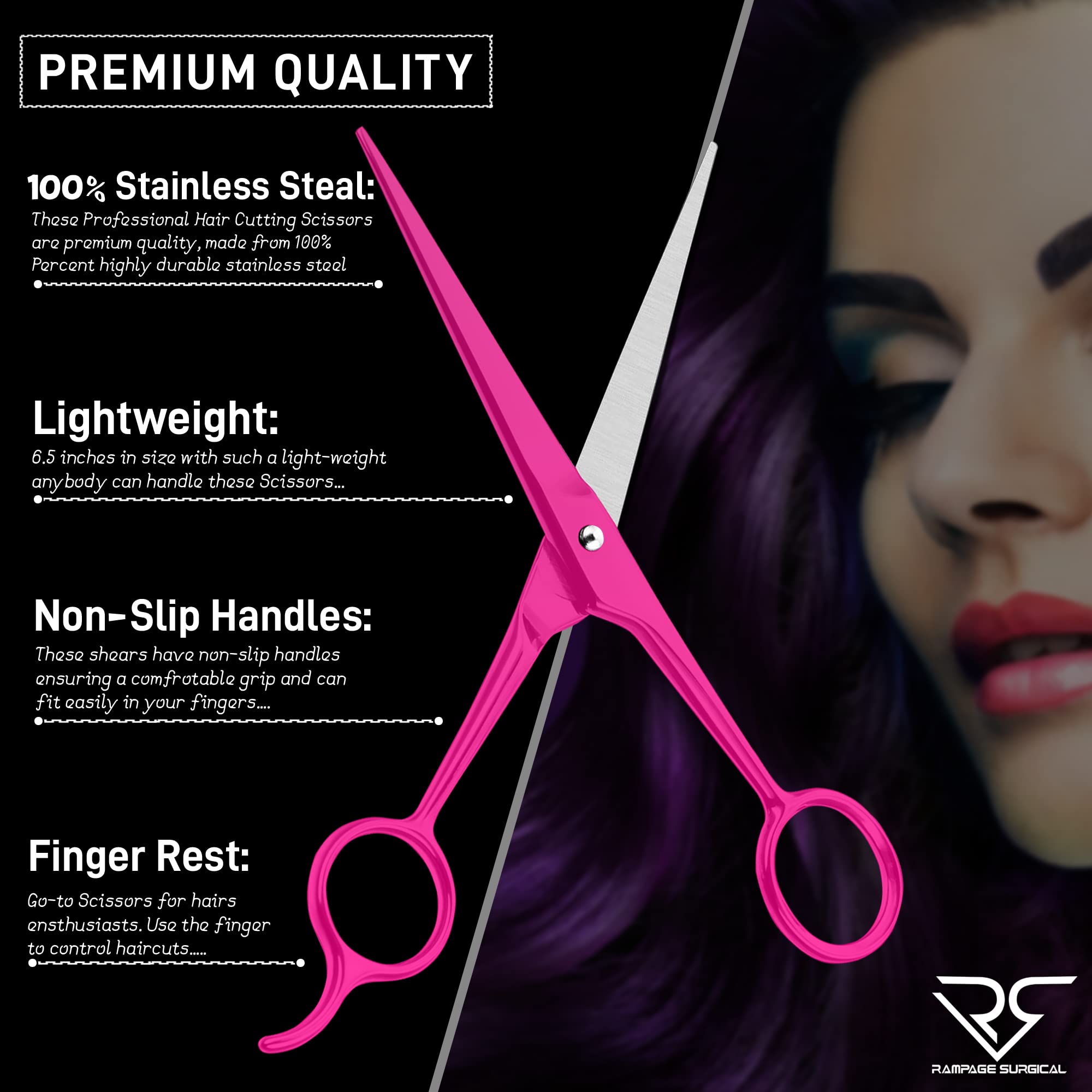 Rampage Surgical salon barber shears close up on the adjustable tension screw and pink glitter finger rings.
