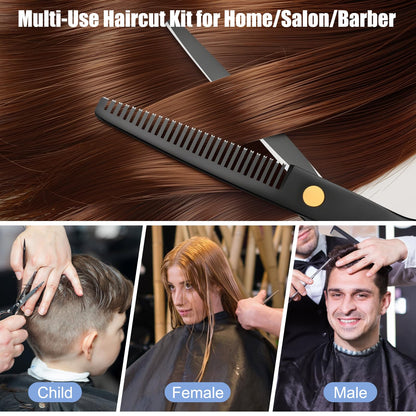 Professional hair scissors set being adjusted via the gold tension screw for precise cutting