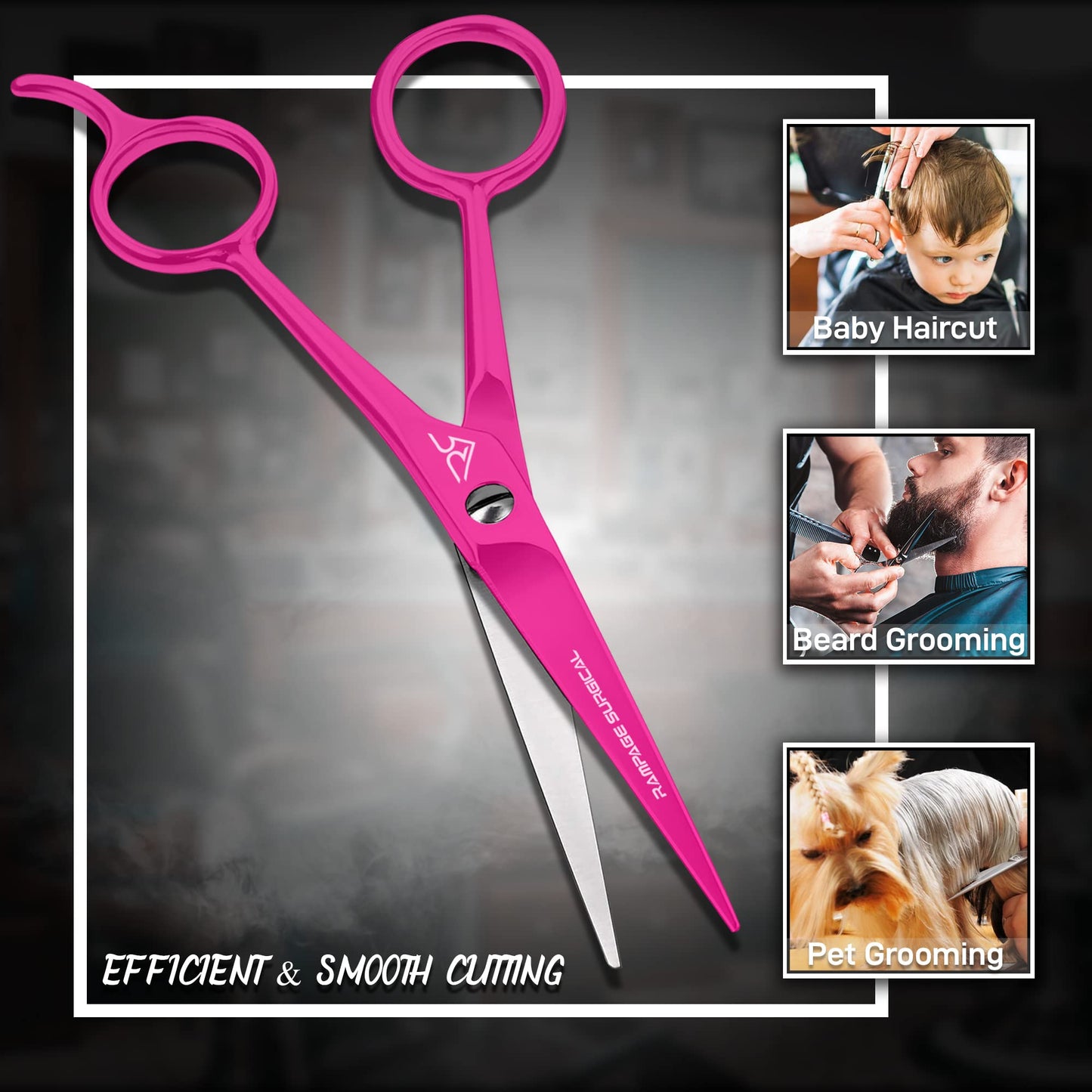 Rampage Surgical pink haircutting scissors showcasing the sharp convex blade edge for professional styling.