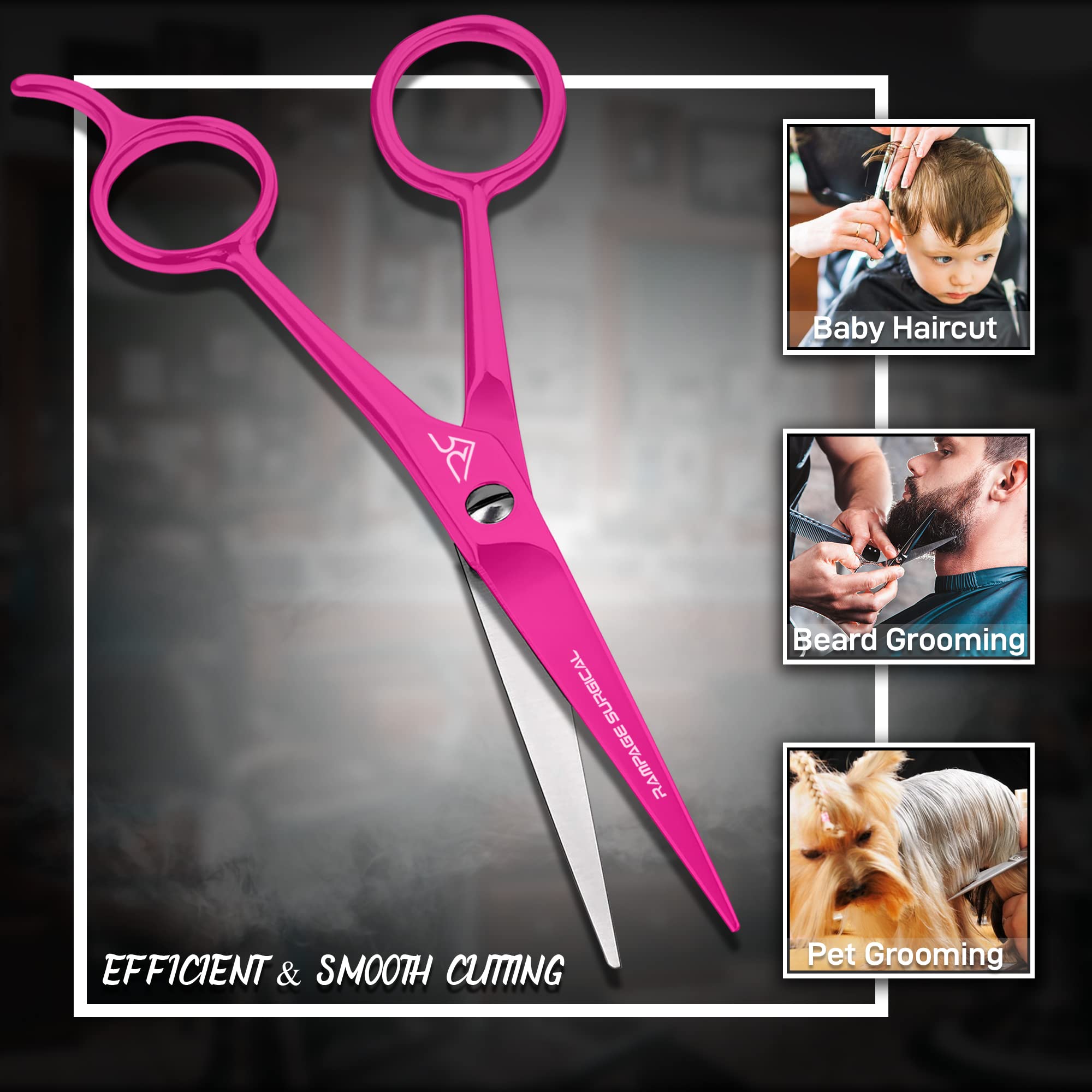Rampage Surgical pink haircutting scissors showcasing the sharp convex blade edge for professional styling.