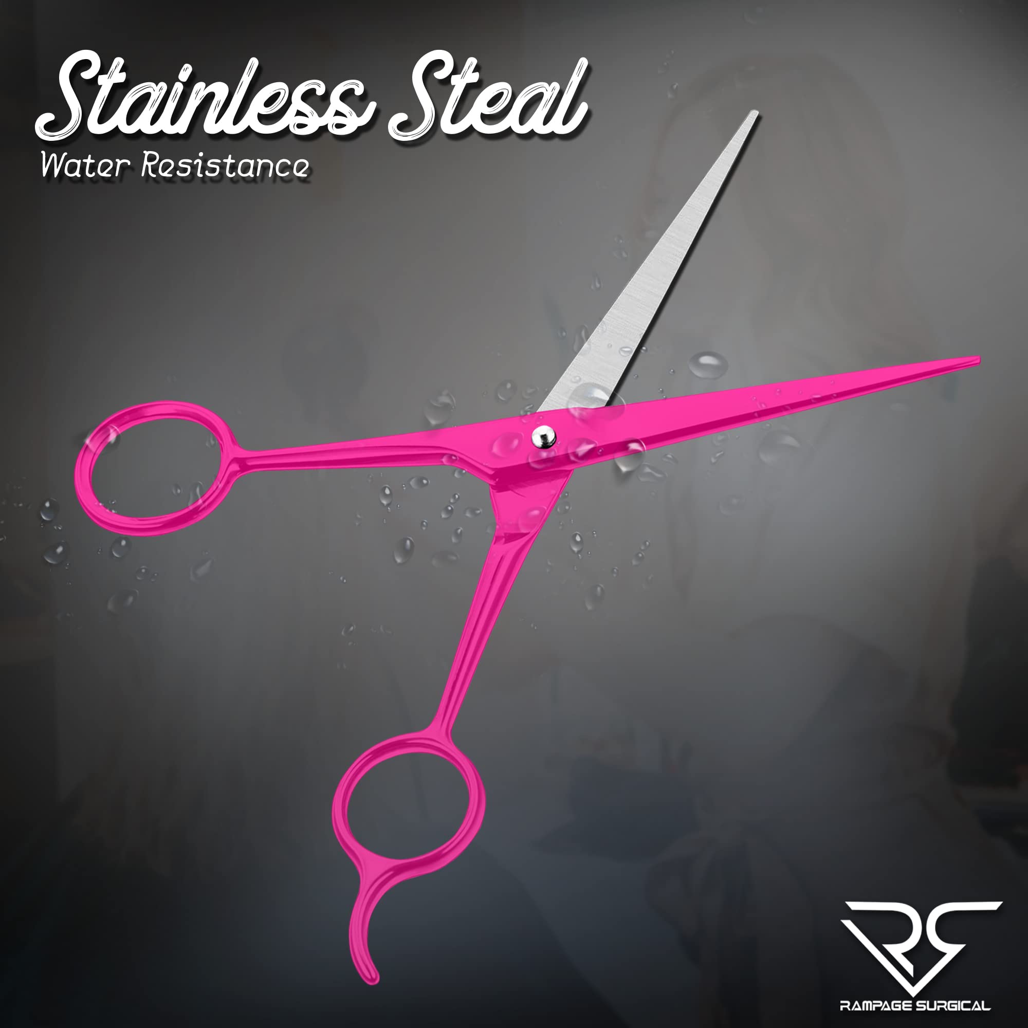 Rampage Surgical Japanese stainless steel barber scissors with removable soft rubber ring inserts displayed.
