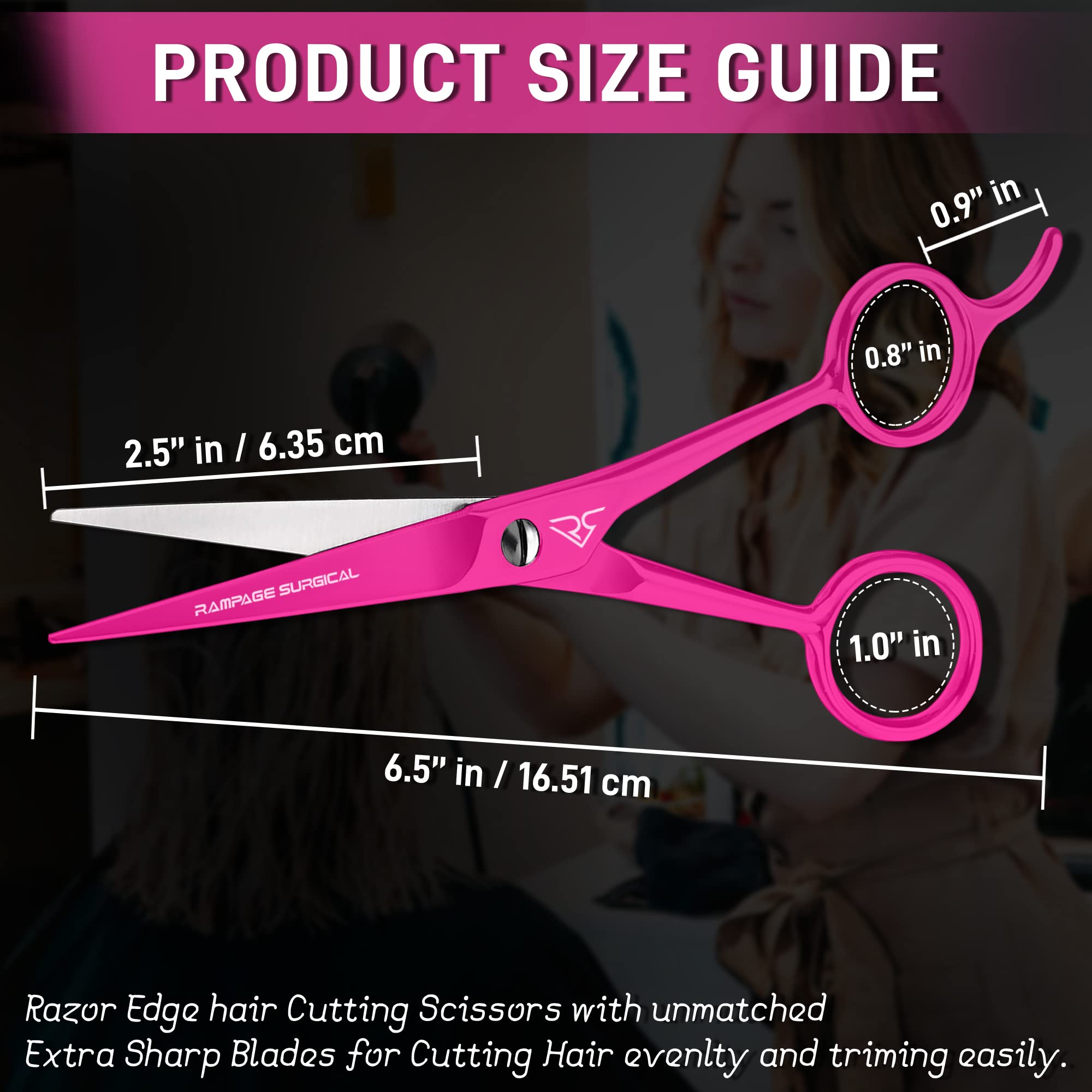 Rampage Surgical professional hairdressing shears side angle view highlighting the ergonomic handle design.