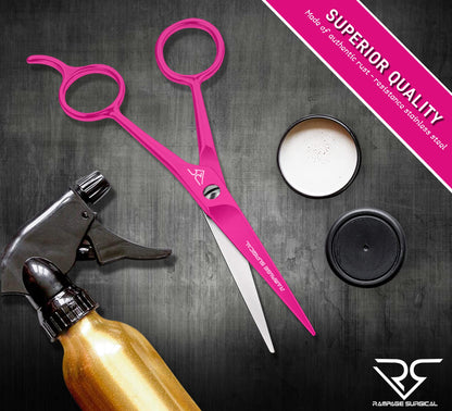 Rampage Surgical 6.5 inch pink hair shears packaged inside its protective pouch for salon hair cutting.
