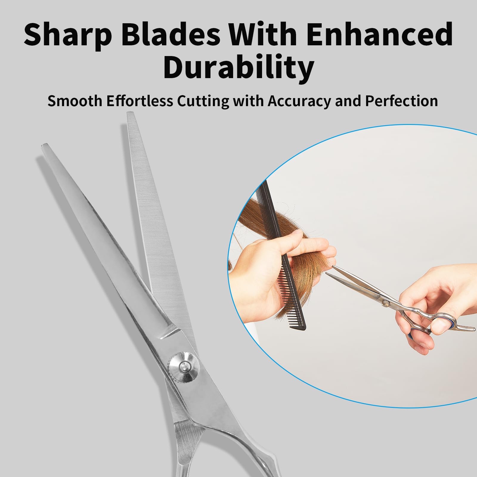 Close up view of the adjustable blue tension screw on the Homekoey professional haircut shears
