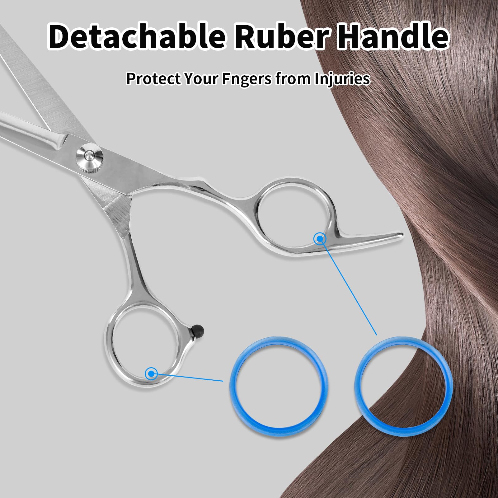 Ergonomic handle design of Homekoey salon scissors showing comfortable blue rubber finger inserts