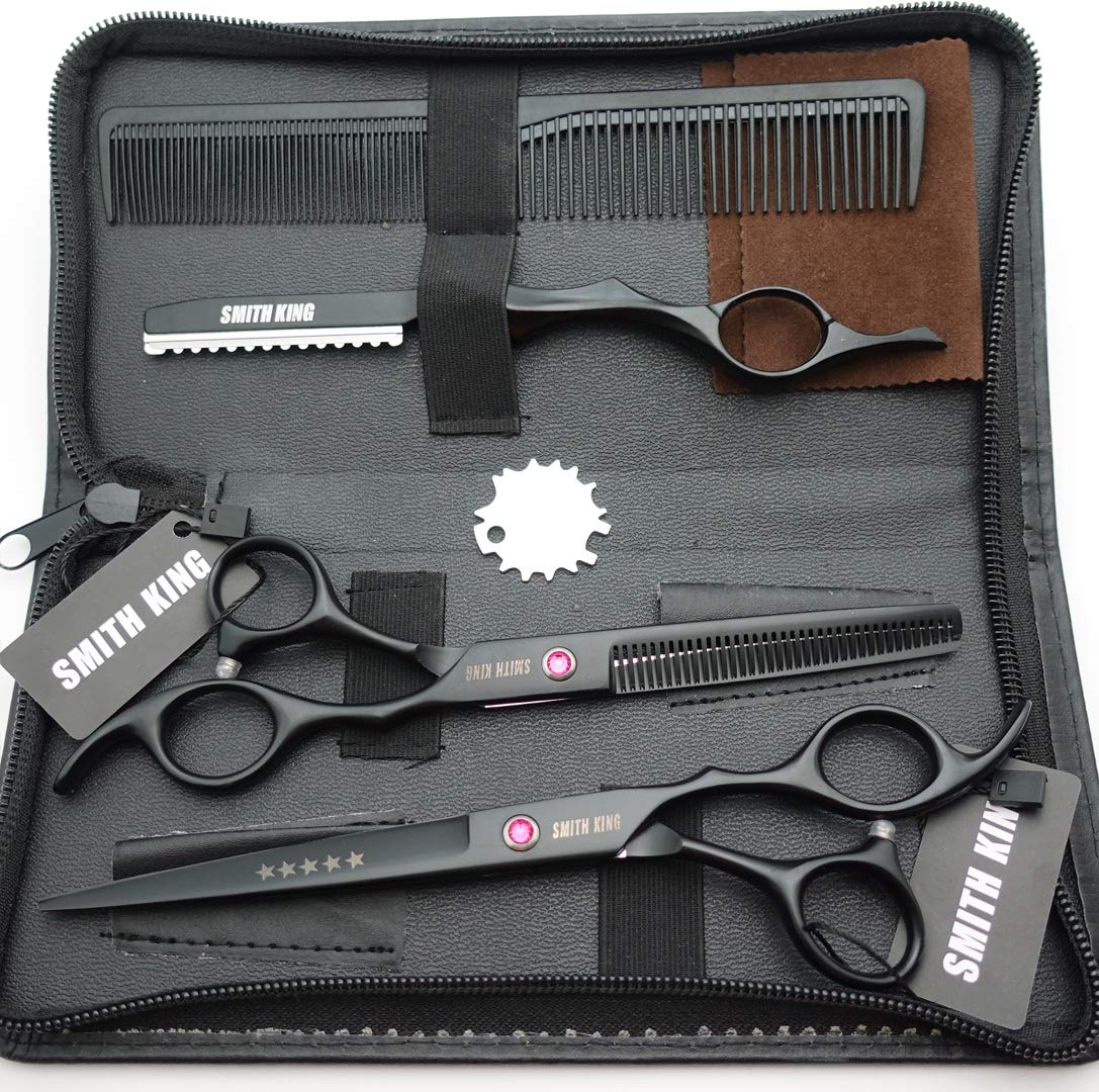 Smithking 7 inch black hair shears kit with straight razor