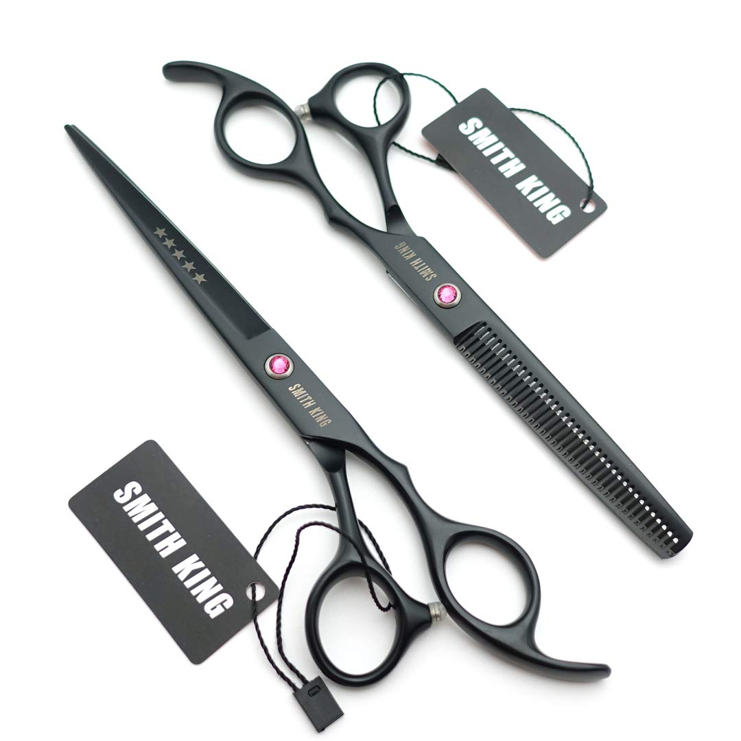 Black professional barber scissors set with texturizing teeth