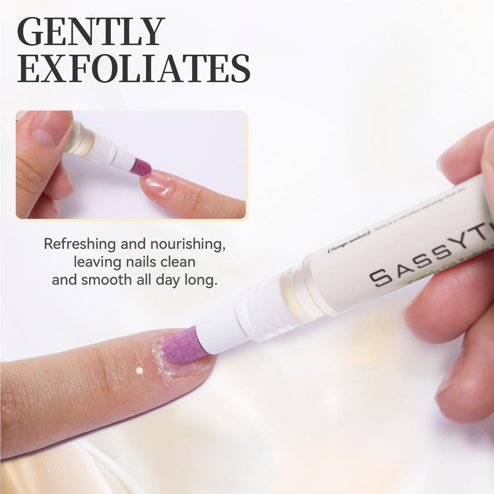 Sassytip 2-in-1 cuticle tool showing oil application