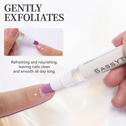 Sassytip 2-in-1 cuticle tool showing oil application
