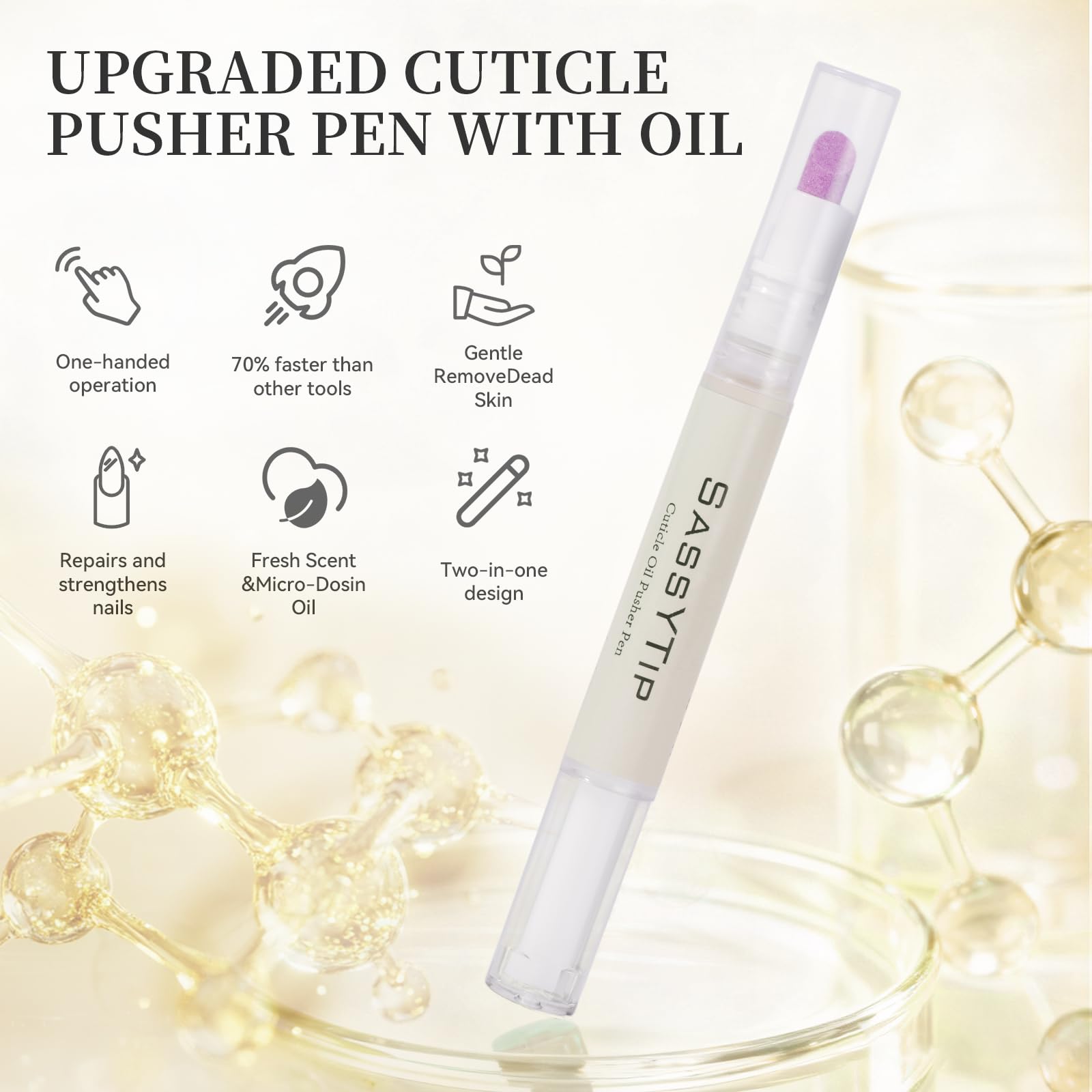 Compact packaging of Sassytip cuticle pusher and oil pen