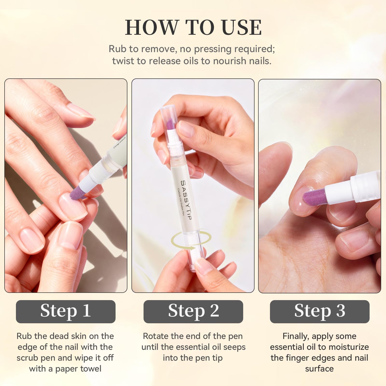 Sassytip cuticle pen being used on hand nails