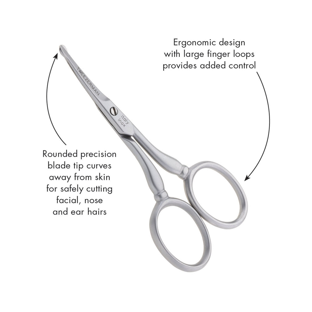 Close up view of the rounded safety tips on Tweezerman men's facial hair scissors
