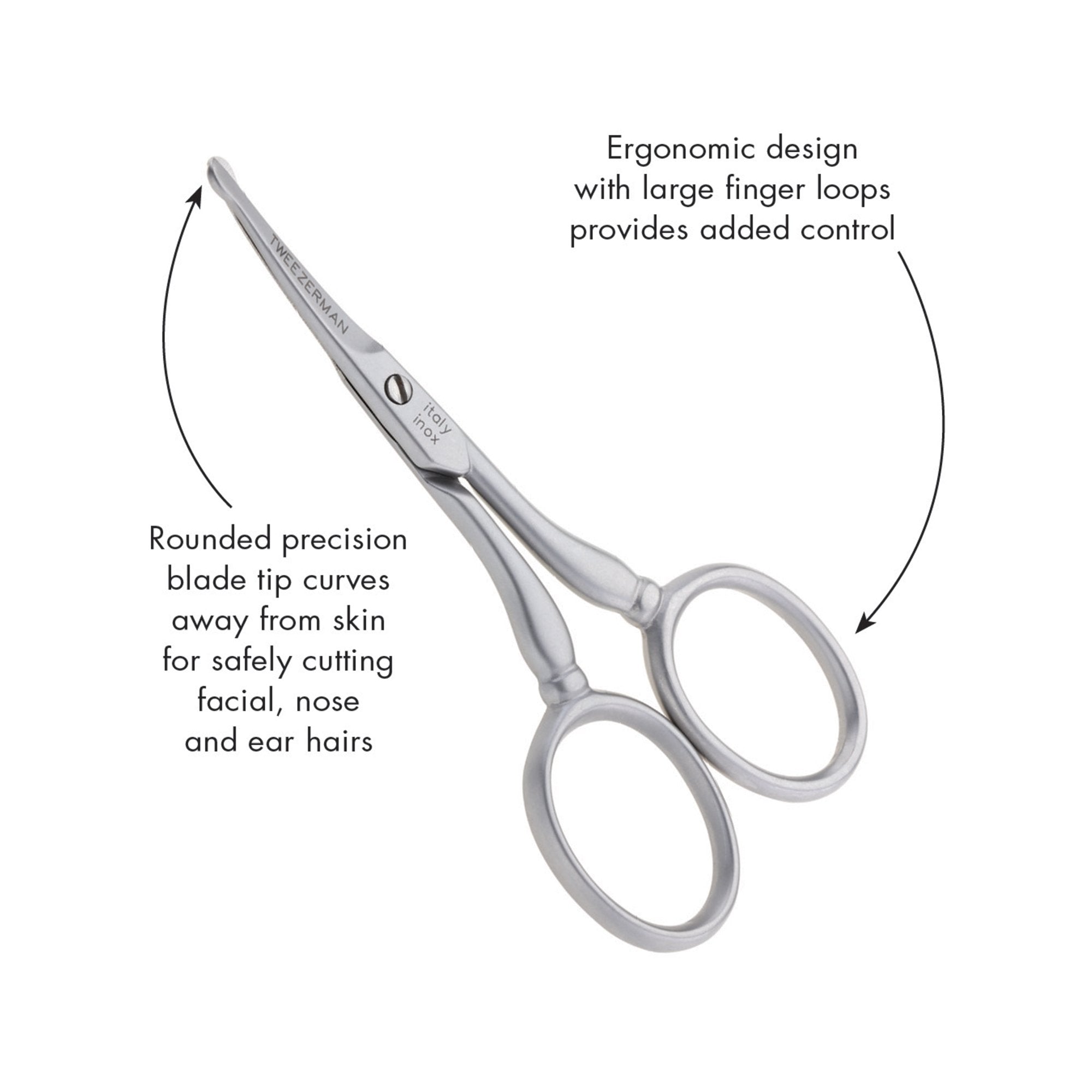 Close up view of the rounded safety tips on Tweezerman men's facial hair scissors