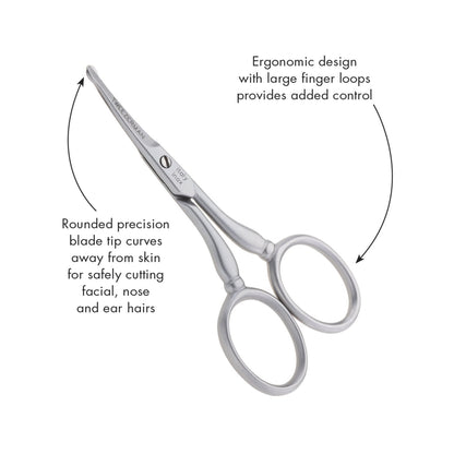 Close up view of the rounded safety tips on Tweezerman men's facial hair scissors