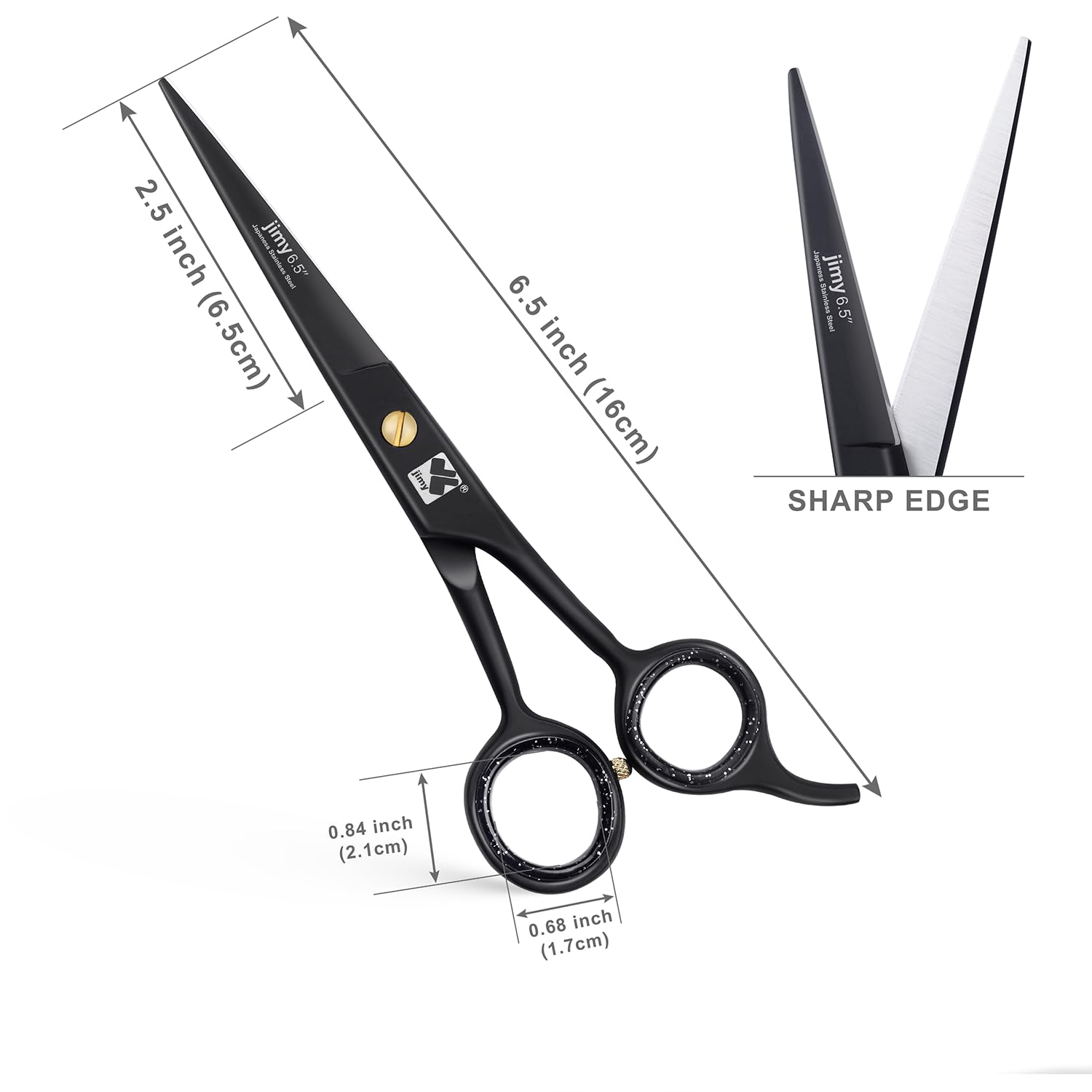 Jimy 6.5 inch stainless steel hair scissors with gold tension screw detail