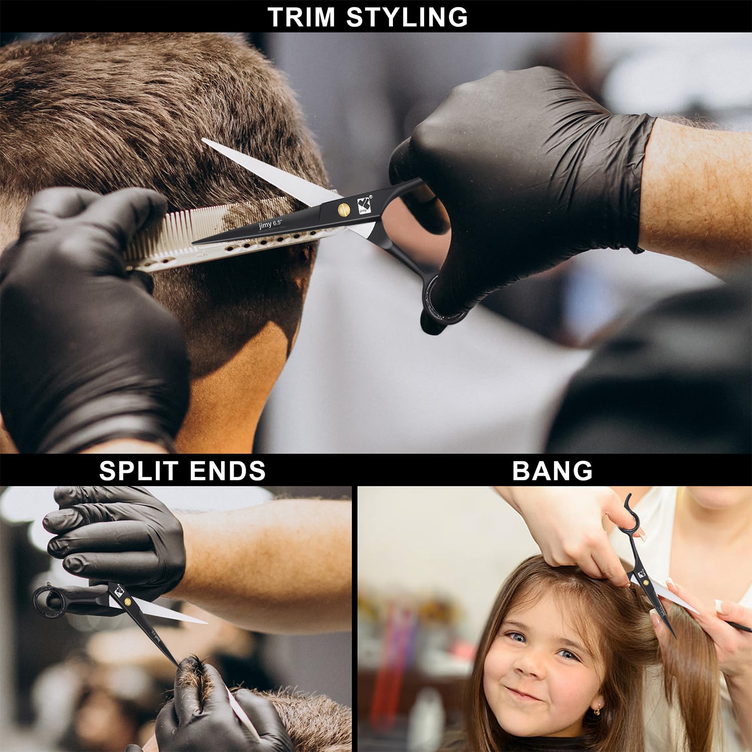Jimy professional barber shears displaying ultra sharp convex edge blades