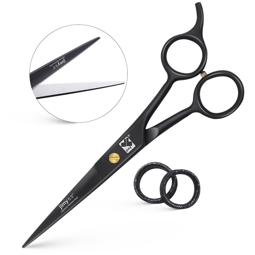 Jimy ergonomic hair trimming scissors showing comfortable thumb hole and muffler