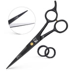 Jimy ergonomic hair trimming scissors showing comfortable thumb hole and muffler