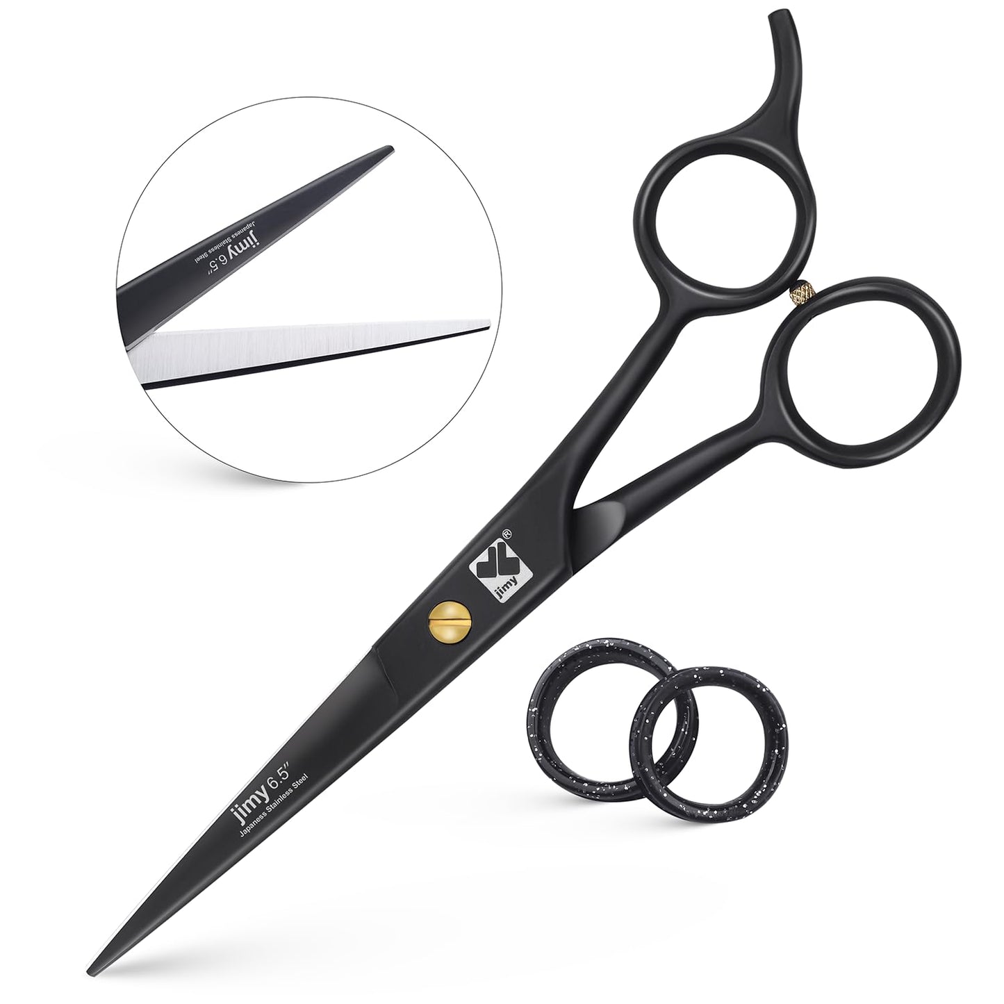 Jimy ergonomic hair trimming scissors showing comfortable thumb hole and muffler