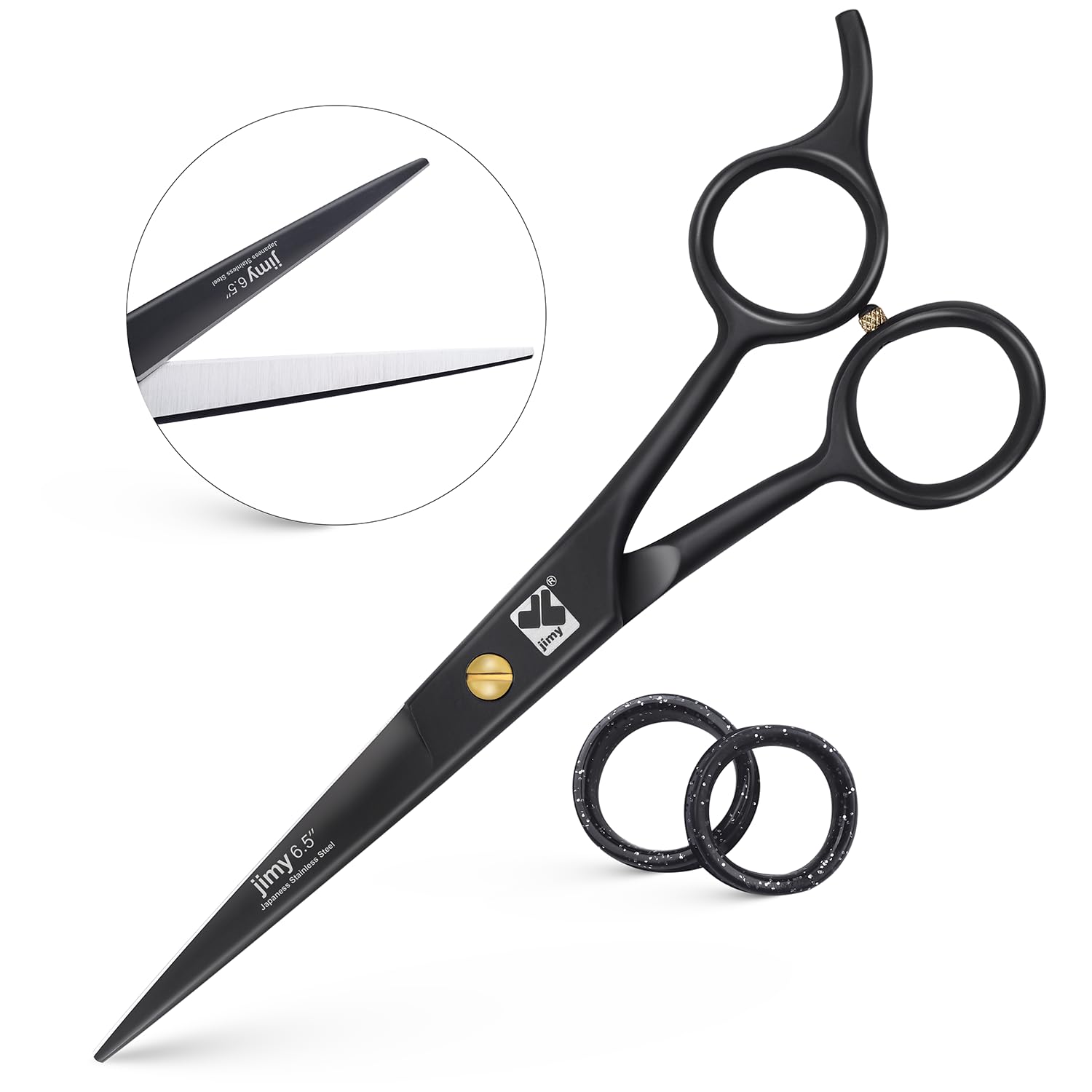 Jimy ergonomic hair trimming scissors showing comfortable thumb hole and muffler