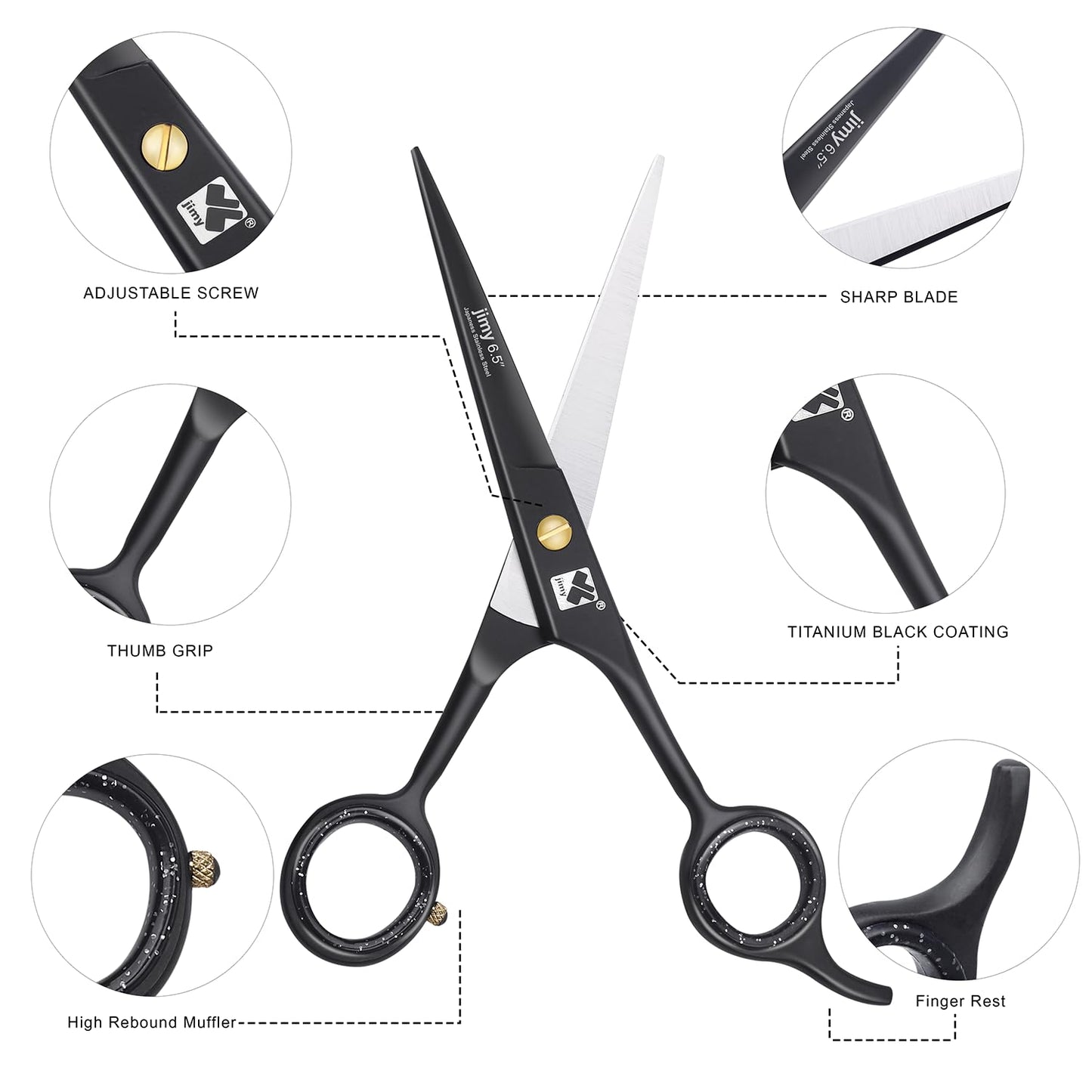 Jimy salon quality hair shears showing the removable finger rest assembly