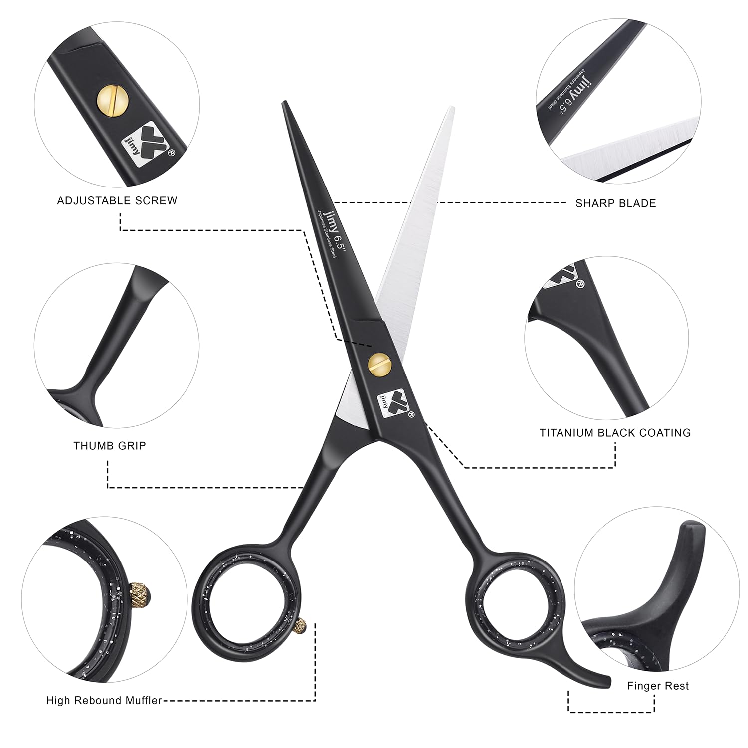 Jimy salon quality hair shears showing the removable finger rest assembly