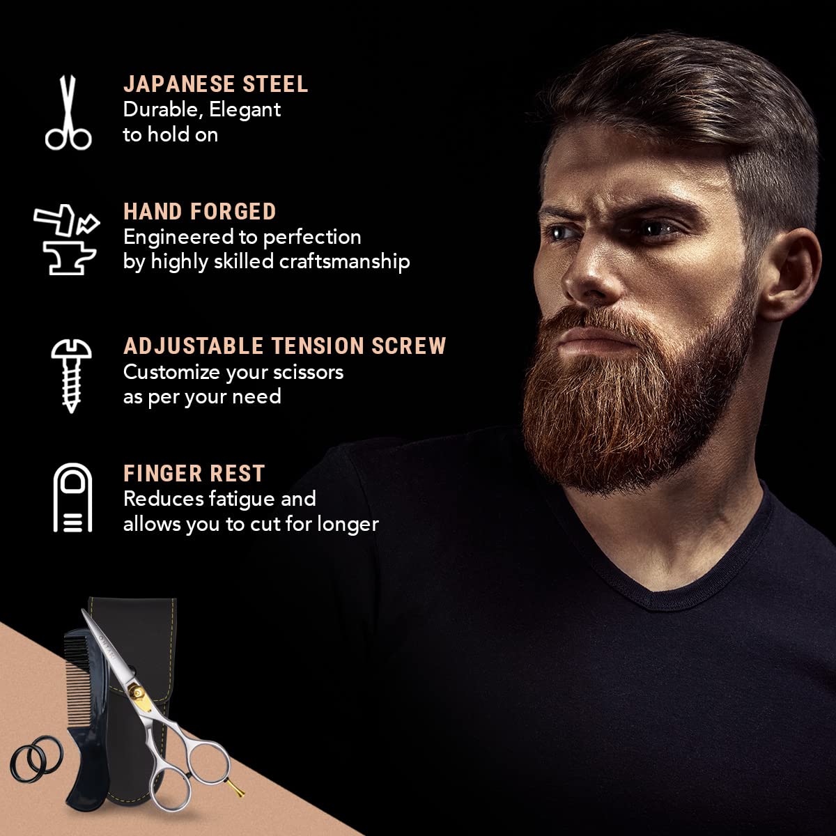 Ontaki professional grooming scissors showing the gold adjustable tension screw and finger rest.