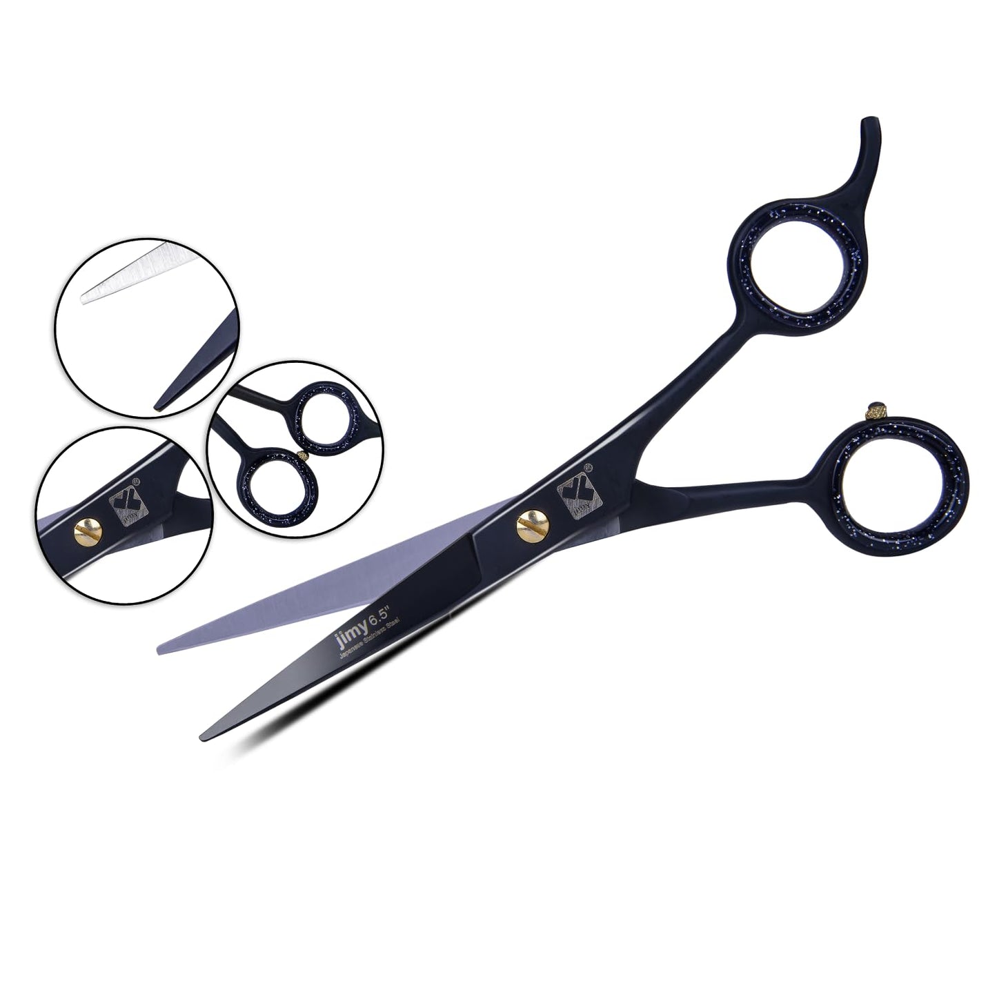 Jimy matte black barber scissors laid flat highlighting sleek professional design
