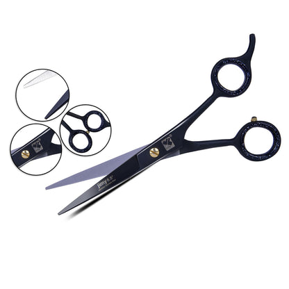 Jimy matte black barber scissors laid flat highlighting sleek professional design