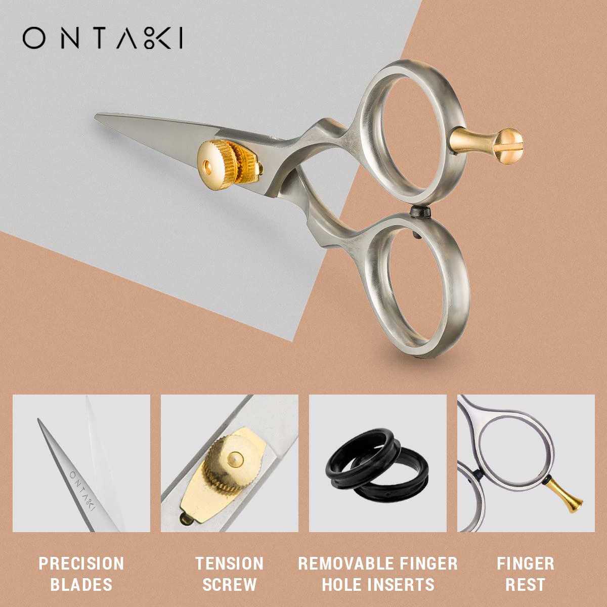 Close up view of the sharp convex blades and rounded safety tips on the Ontaki hair shears.