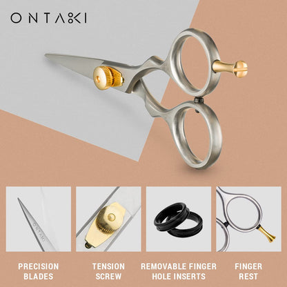 Close up view of the sharp convex blades and rounded safety tips on the Ontaki hair shears.