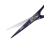 Jimy premium haircutting scissors close up on the precision steel blades