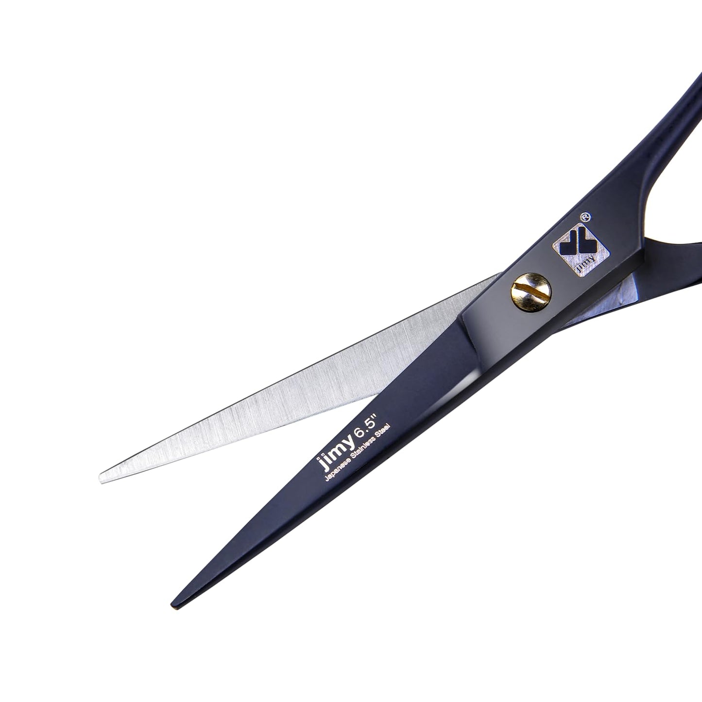 Jimy premium haircutting scissors close up on the precision steel blades