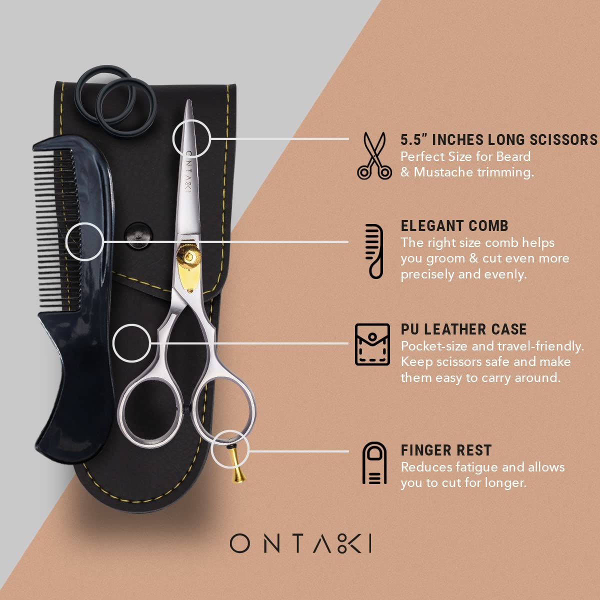 Premium imported Ontaki beard and mustache scissors set alongside the included storage case and comb.