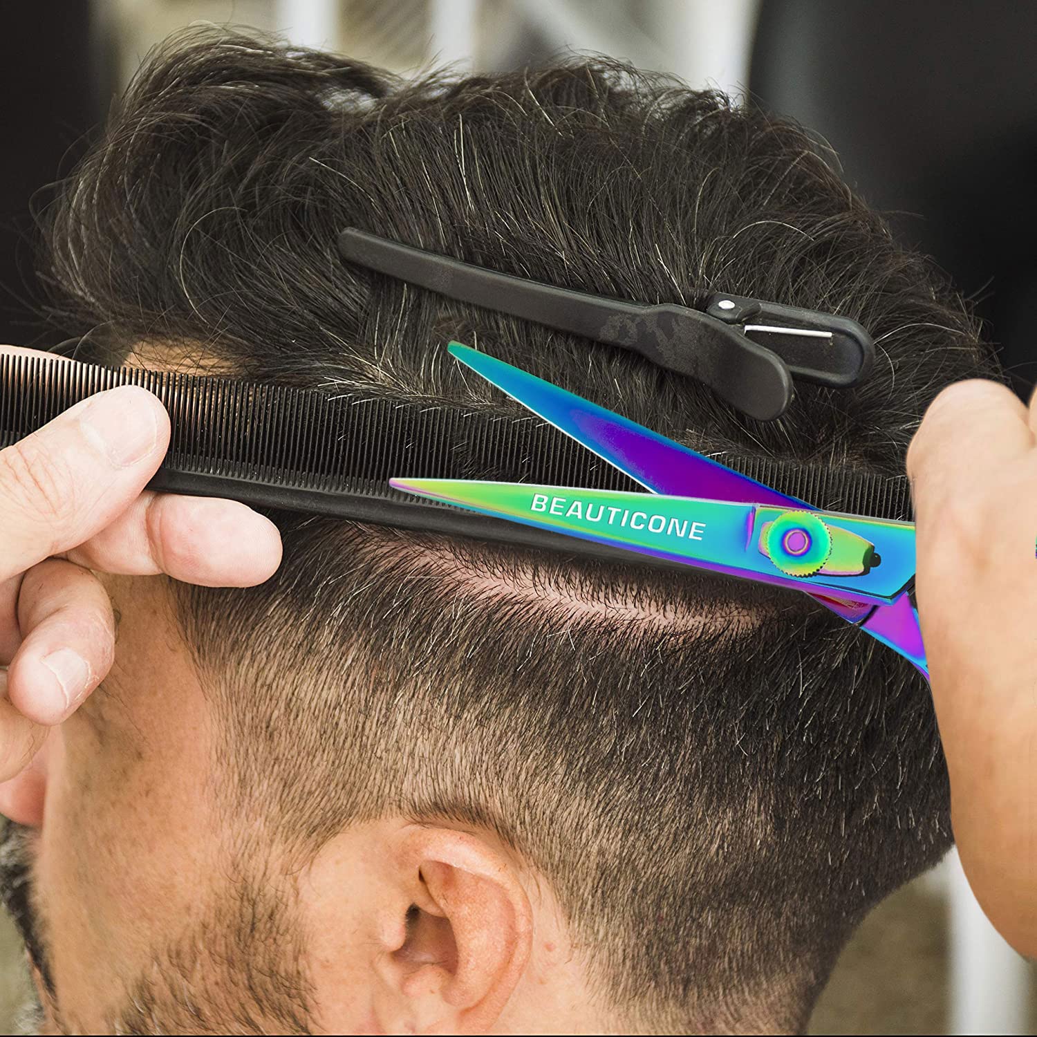 Beauticone professional barber scissors alongside the protective storage case included in the set