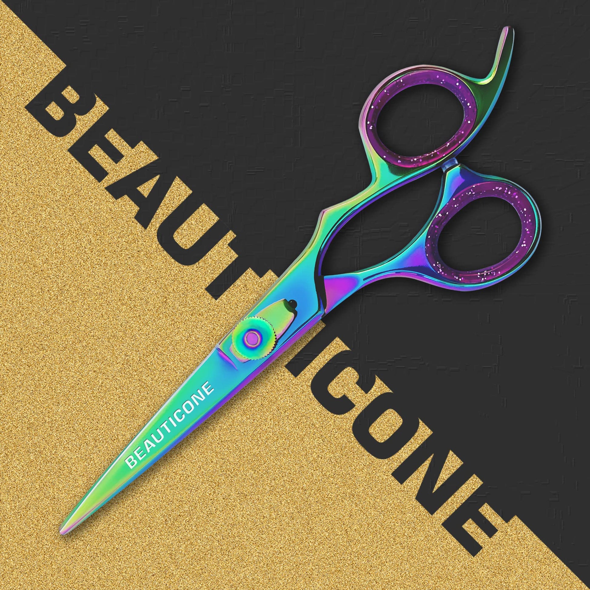 Beauticone multi color haircut shears being adjusted for precision styling and beard trimming