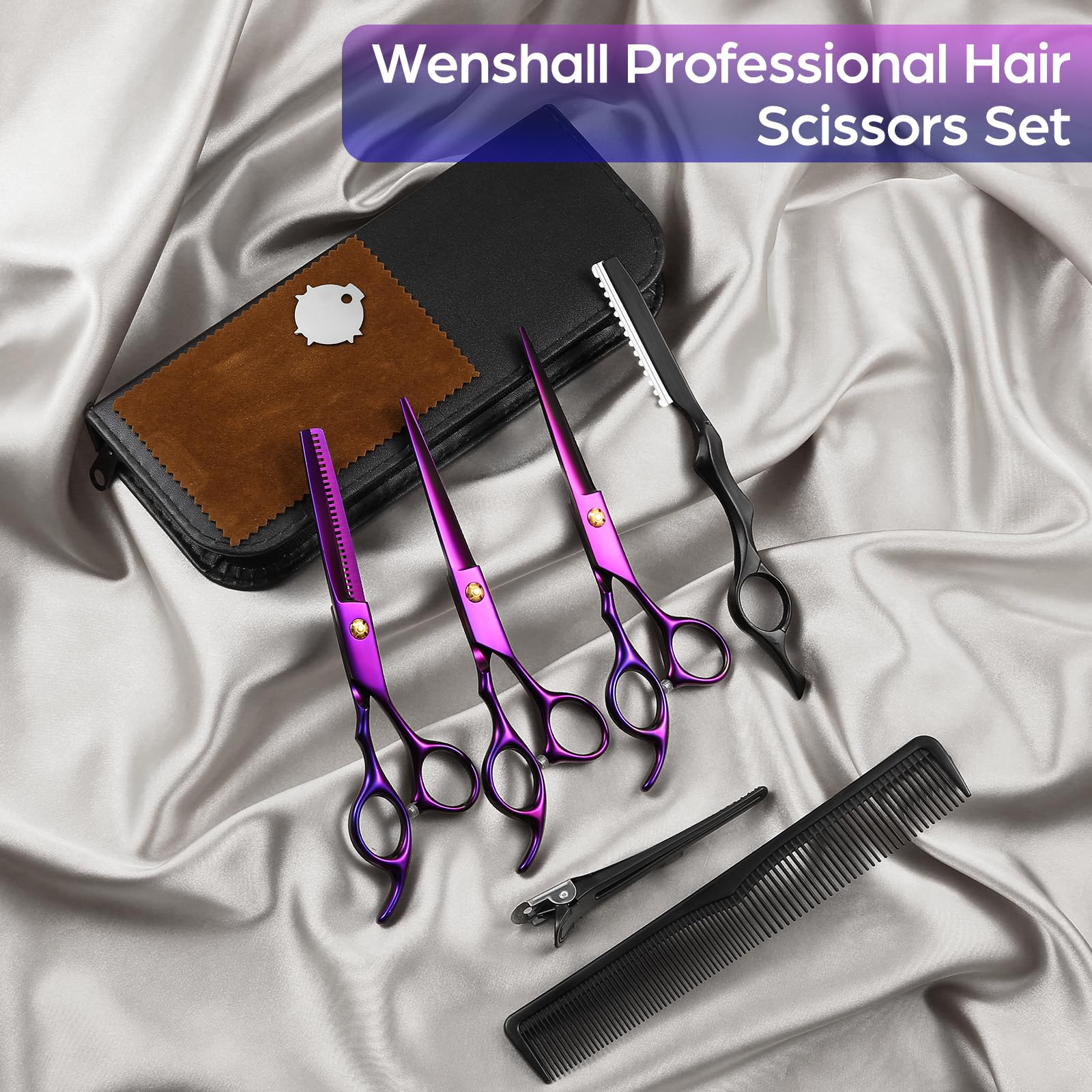 Ergonomic offset handles and adjustable tension screw on the Wenshall barber scissors illustrating comfortable grip features.