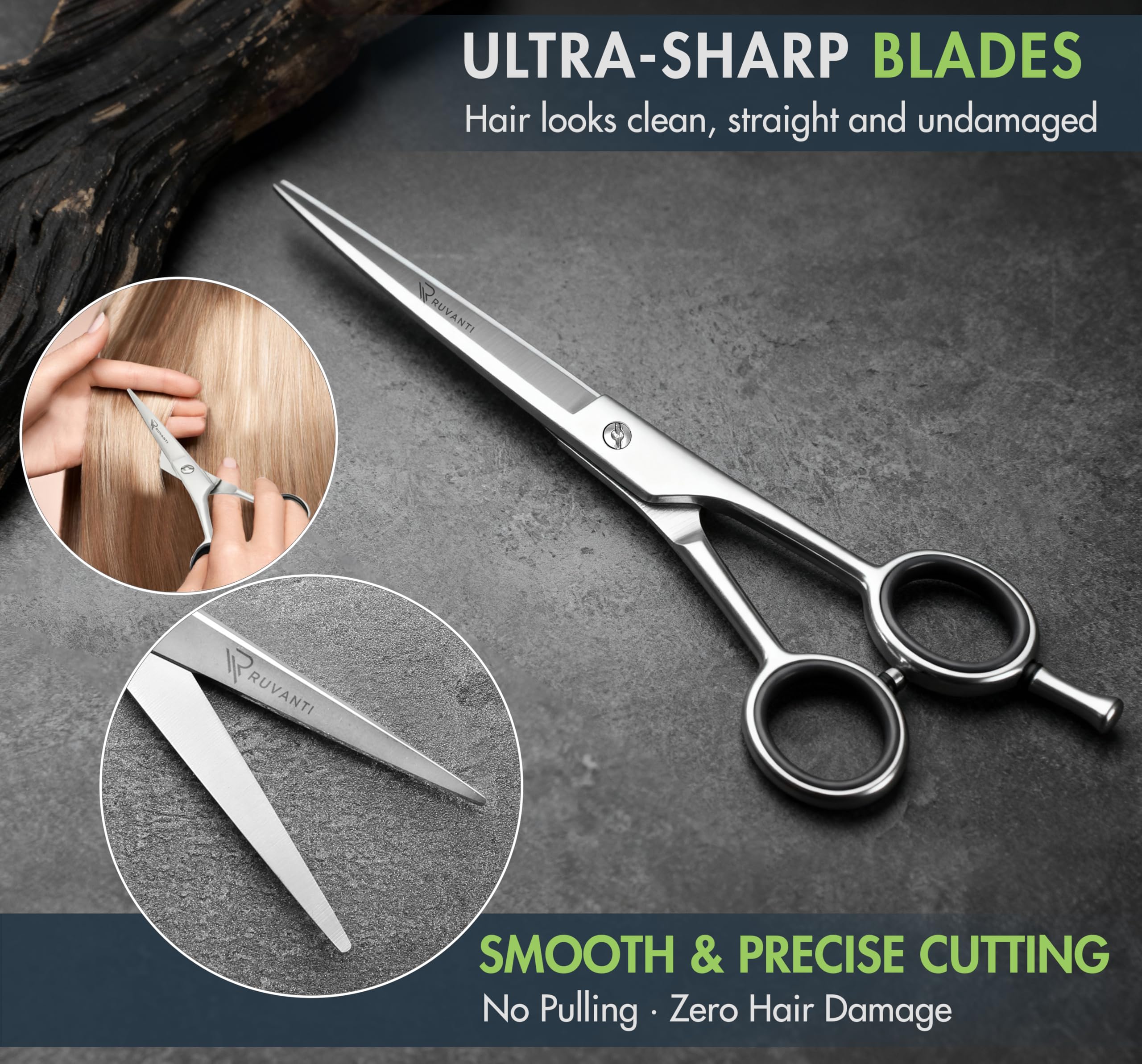 Ruvanti barber shears displaying the ergonomic anti-skid right handed grip and finger rings.