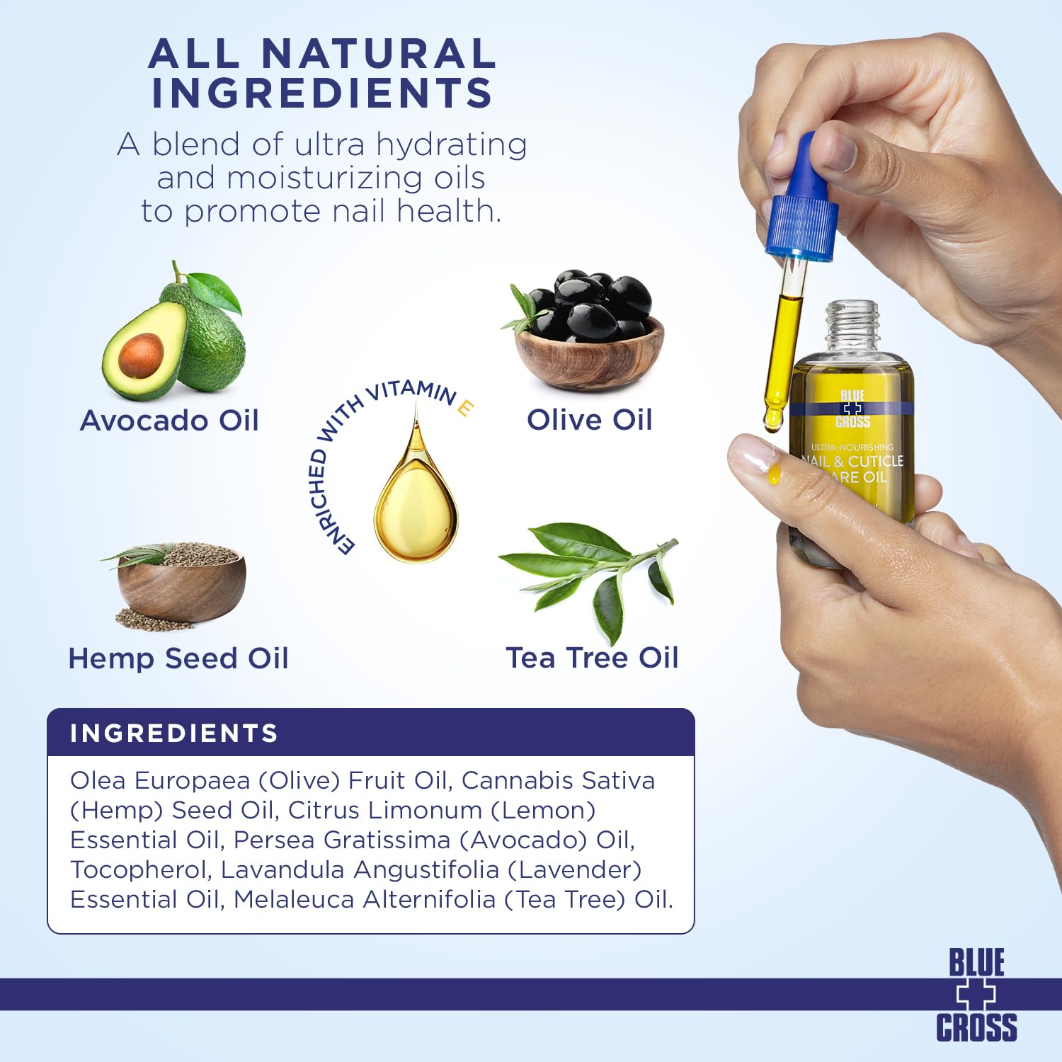 Close up of Blue Cross cuticle oil dropper application