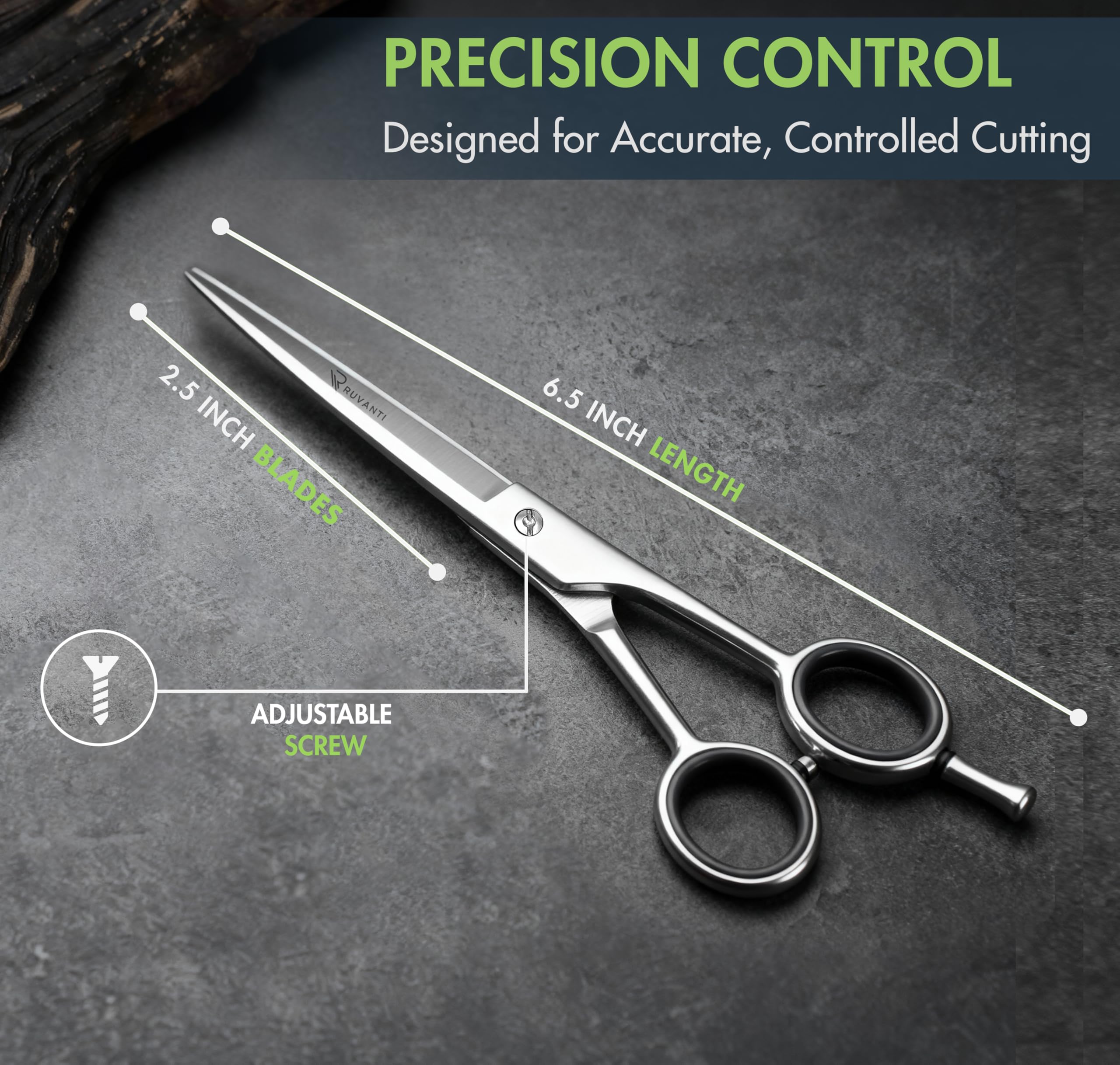 Ruvanti 6.5 inch professional hairdressing scissors alongside its protective leather storage case.