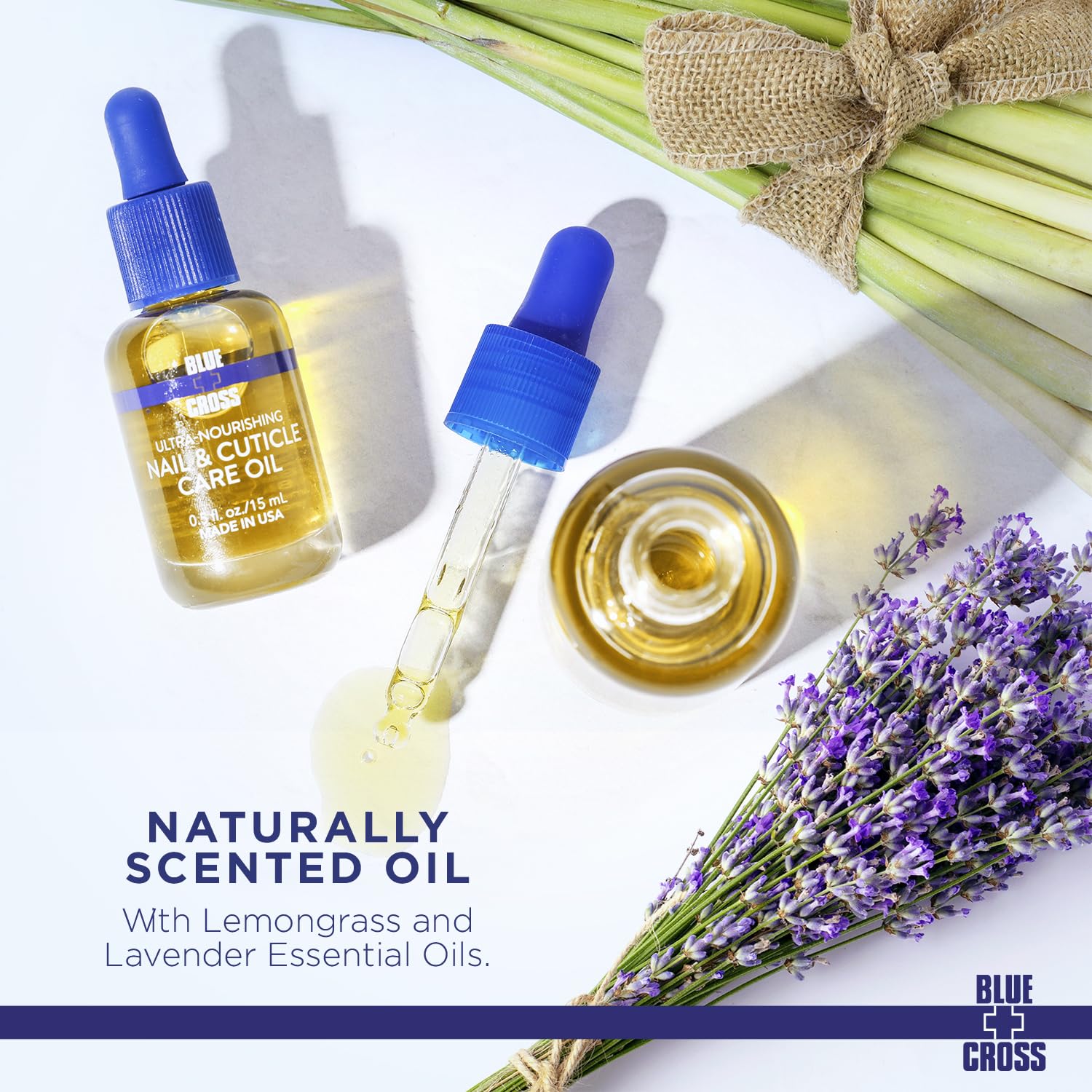Blue Cross nail oil bottle with natural ingredients text